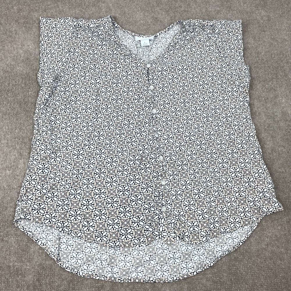 Liz Claiborne Top Womens Large Multi Floral Button Front Cap Sleeve High Low Hem